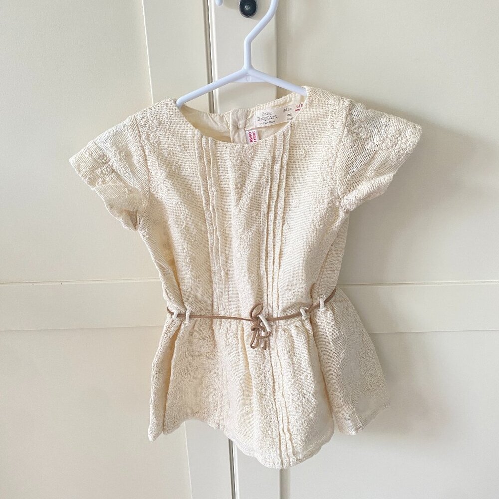 ZARA Baby Cream Embroidered Dress with Belt | 6–9 Months | Soft Cotton